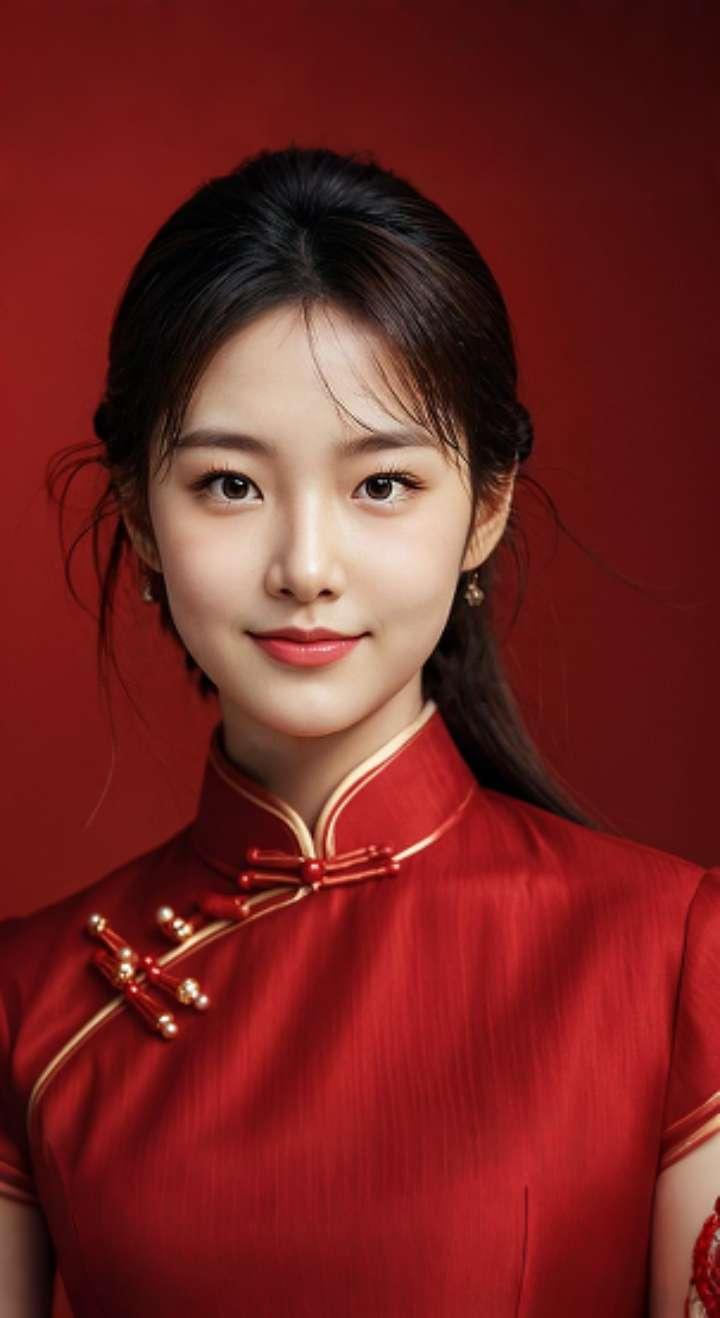 AI扩图 AI红裙浅笑