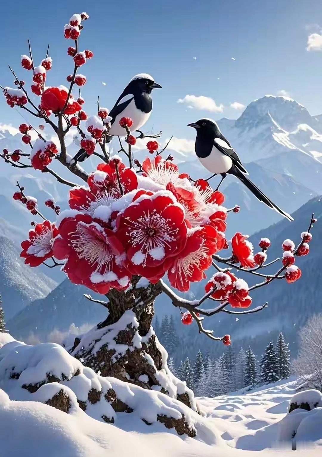 雪中梅花，惊艳时光，
喜鹊登枝，瑞气吉祥。