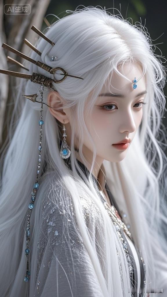 仙气飘飘的梦幻少女，银发金饰，宛如天上的仙女。