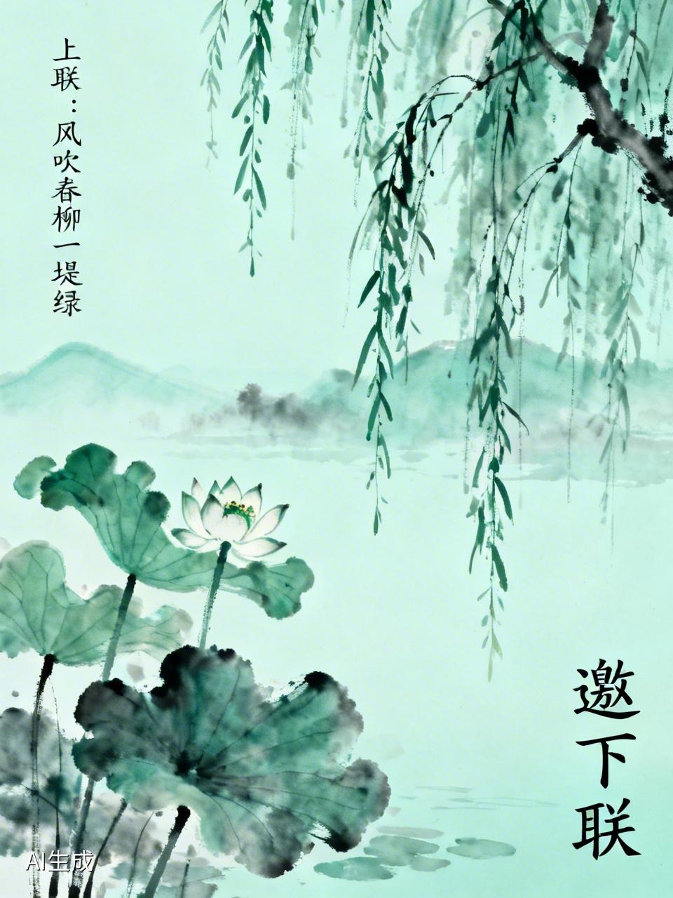 上联：风吹春柳一堤绿，邀下联雨打夏荷满塘香