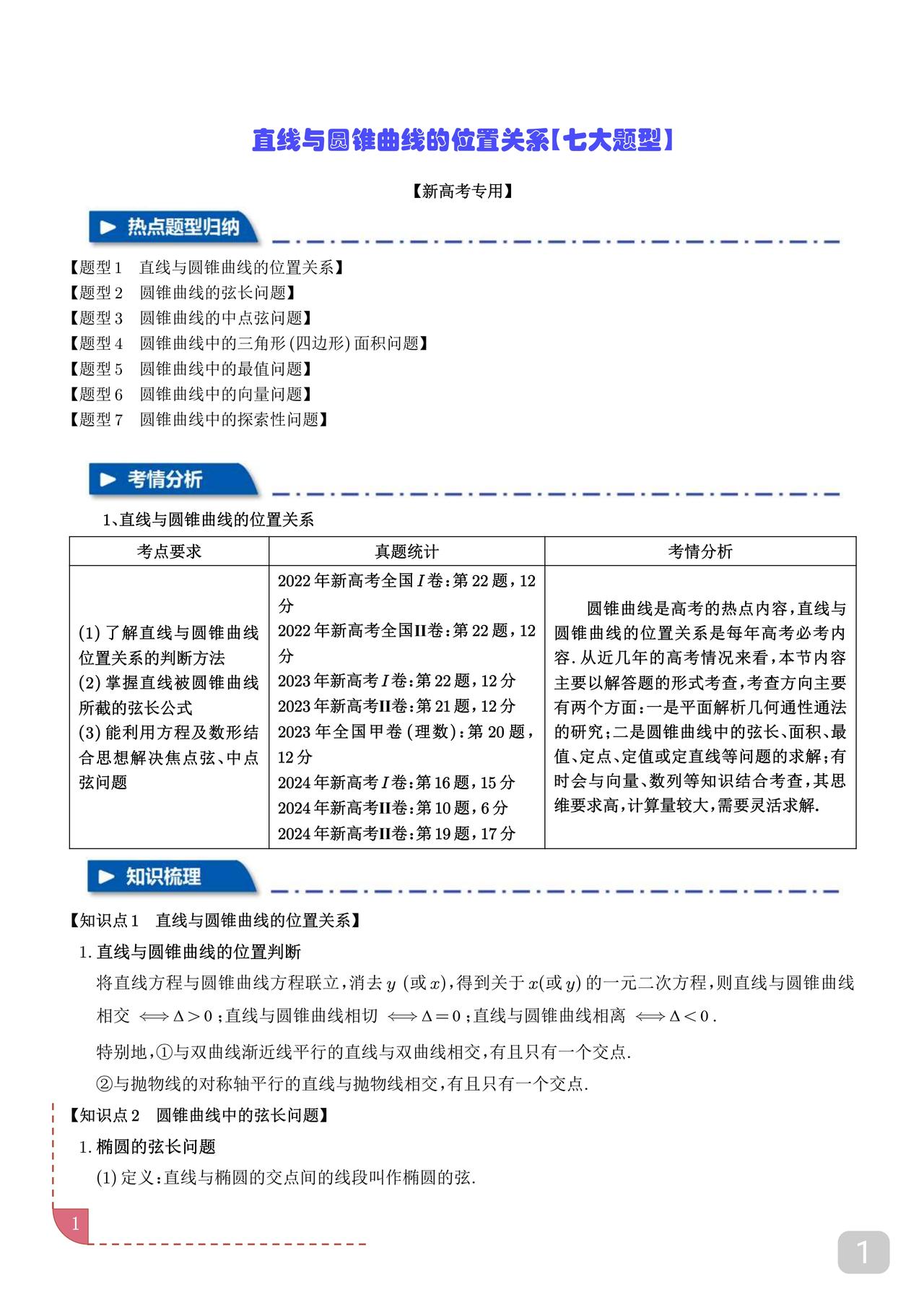 直线与圆锥曲线的位置关系一 (七大题型)