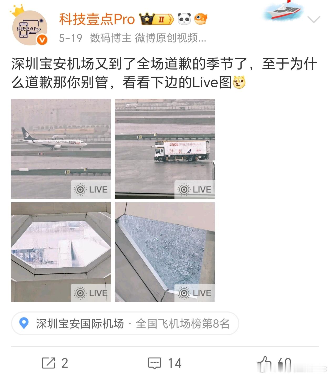 深圳机场 sorry一到夏天一到雨季，深圳机场全场道歉是太正常不过了，我有两次都