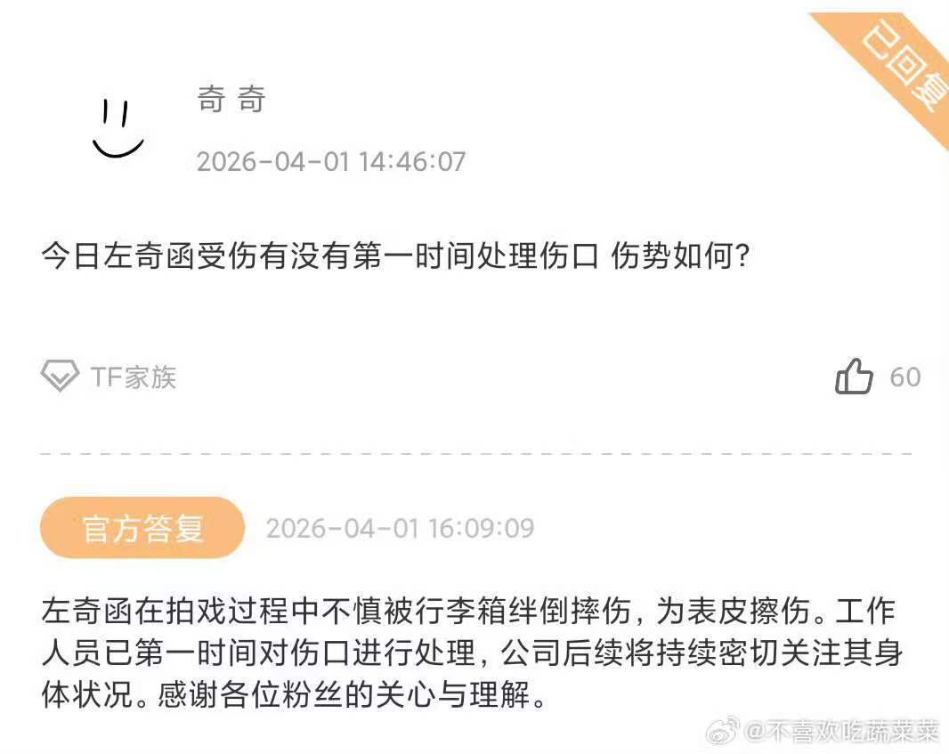 时代峰峻回应左奇函摔倒时代峰峻高会回应左奇函受伤 奇奇好好养伤 