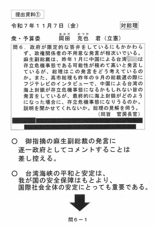 日本内阁官房为高市早苗11月7号国会答辩准备的稿件被日本媒体曝光，原稿中要求高市