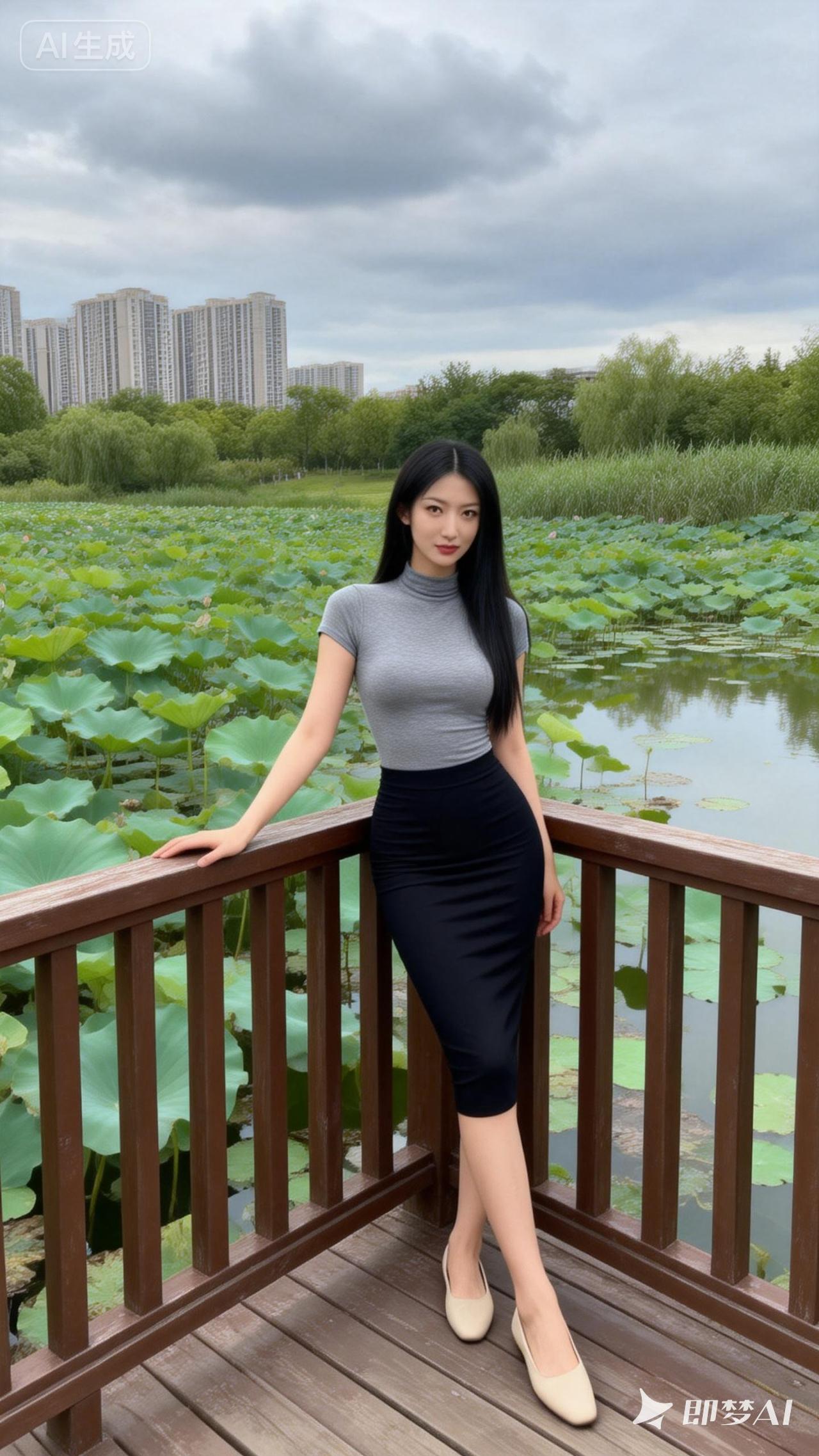 优雅都市女郎，漫步荷塘边，尽显时尚与自然之美。