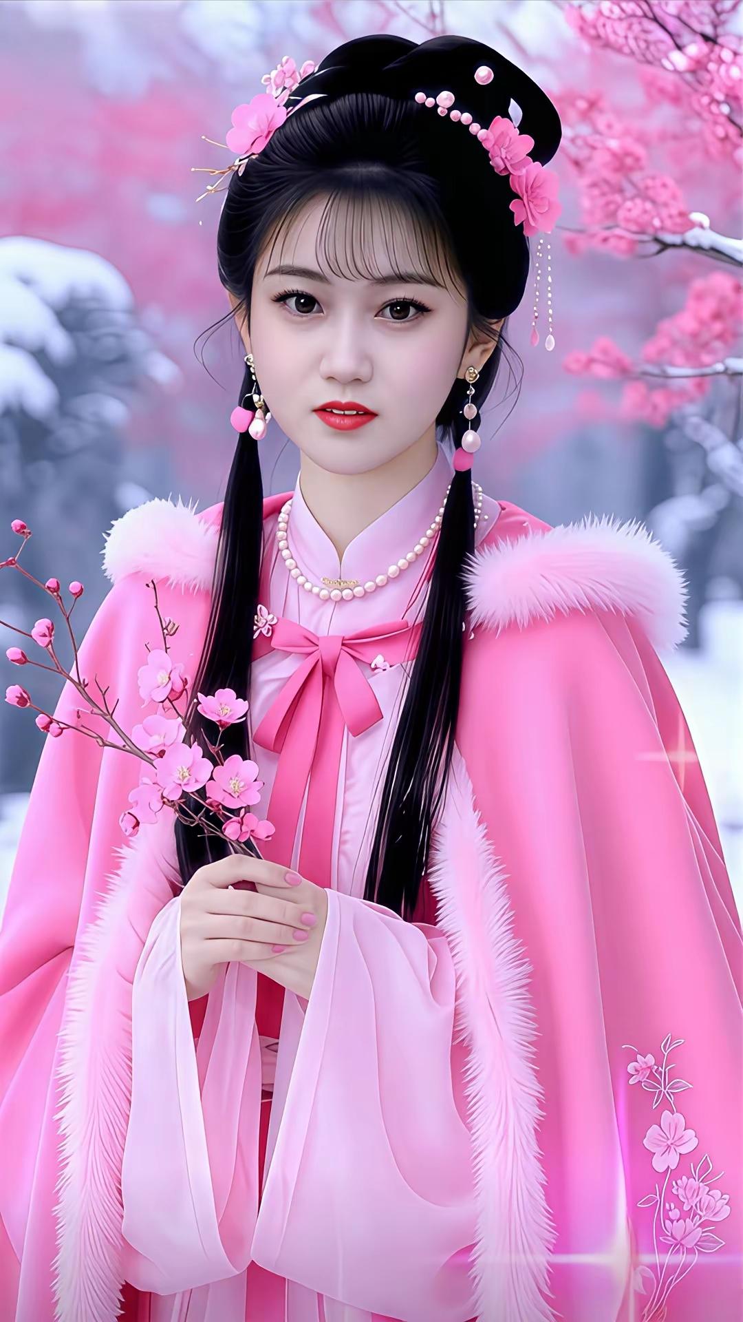 粉嫩少女，樱花树下，古风美少女，粉色长裙，温柔可人，梦幻仙境
