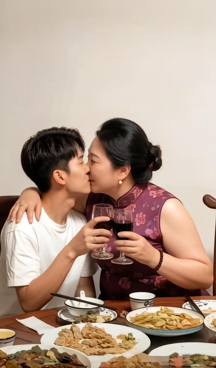 看着这张照片，满桌的家常菜，两人手举红酒杯，在饭桌上旁若无人地深情相拥、互相亲吻
