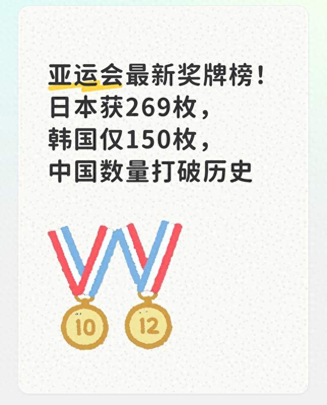 亚运会最新奖牌榜！日本获269枚，韩国仅150枚，中国数量打破历史
