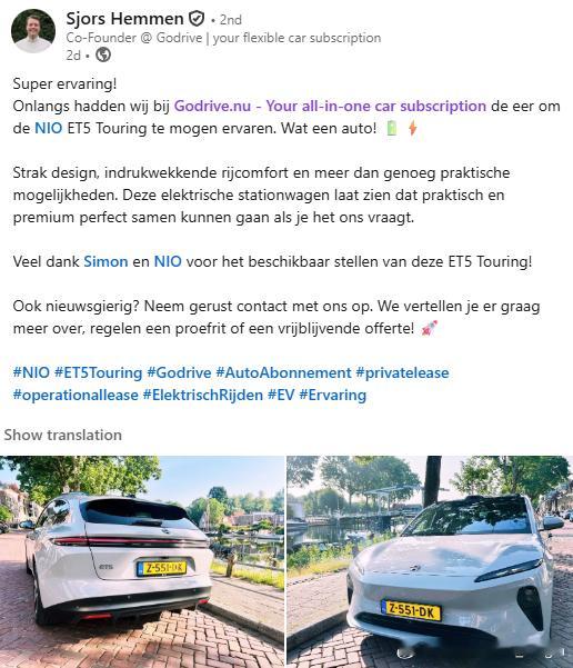 蔚来欧洲 蔚来荷兰与新兴汽车订阅公司 Godrive.nu 合作。看了下这家公司