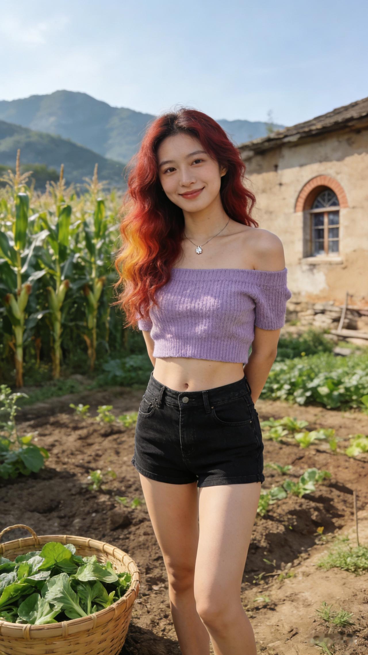 基础描述：
一位年轻的东亚女性，留着渐变红棕的长卷发，面带温柔微笑，站在乡村菜园