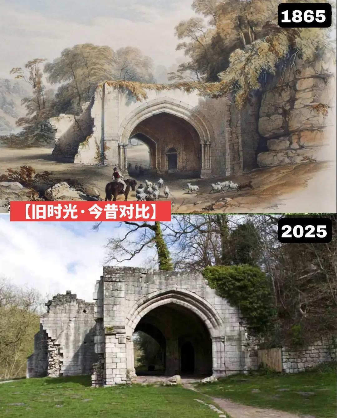 【旧时光·今昔对比】画家威廉·理查森于1865年绘制了这幅罗奇修道院门房的景观。