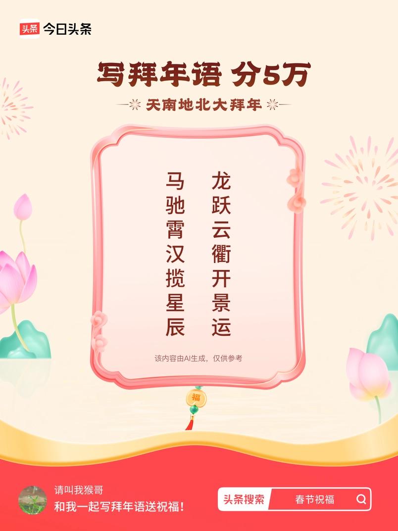 写拜年语送祝福新春拜年送祝福！我的祝福是：“马驰霄汉揽星辰，龙跃云衢开景运”！快