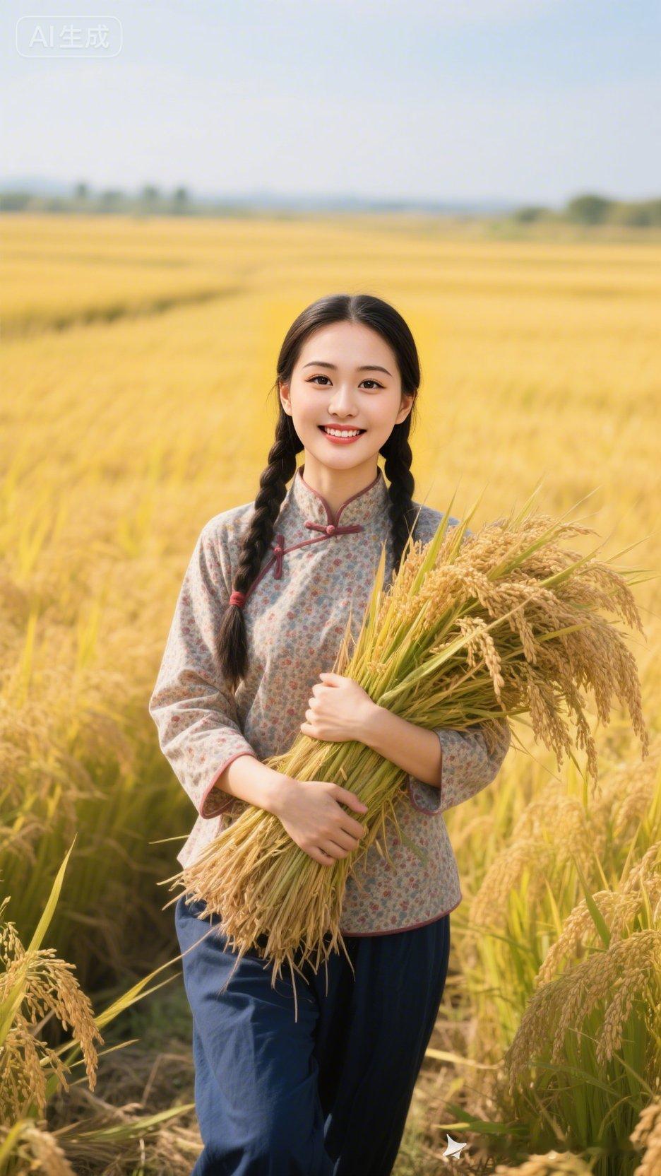 丰收季节，女孩抱着一捆稻谷微笑。