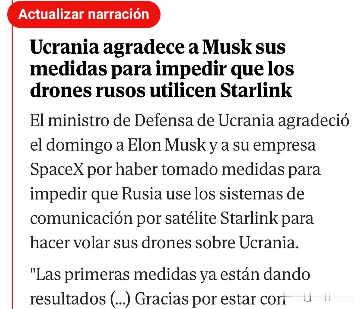 周日，乌国防部长特别感谢马斯克和他的公司（SpaceX）采取具体措施，防止俄方使