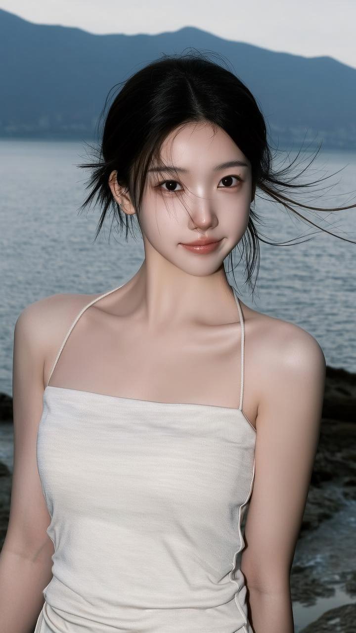 海边少女，微风轻拂，温柔时光