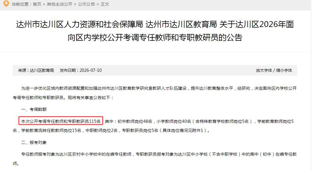 四川：达州市达川区面向区内学校公开考调专任教师、专职教研员，共计115人！
本科