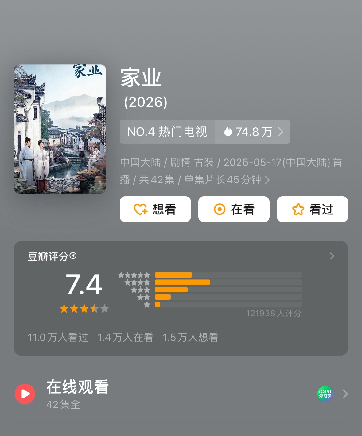 家业豆瓣开分7.4，你觉得还会涨吗？