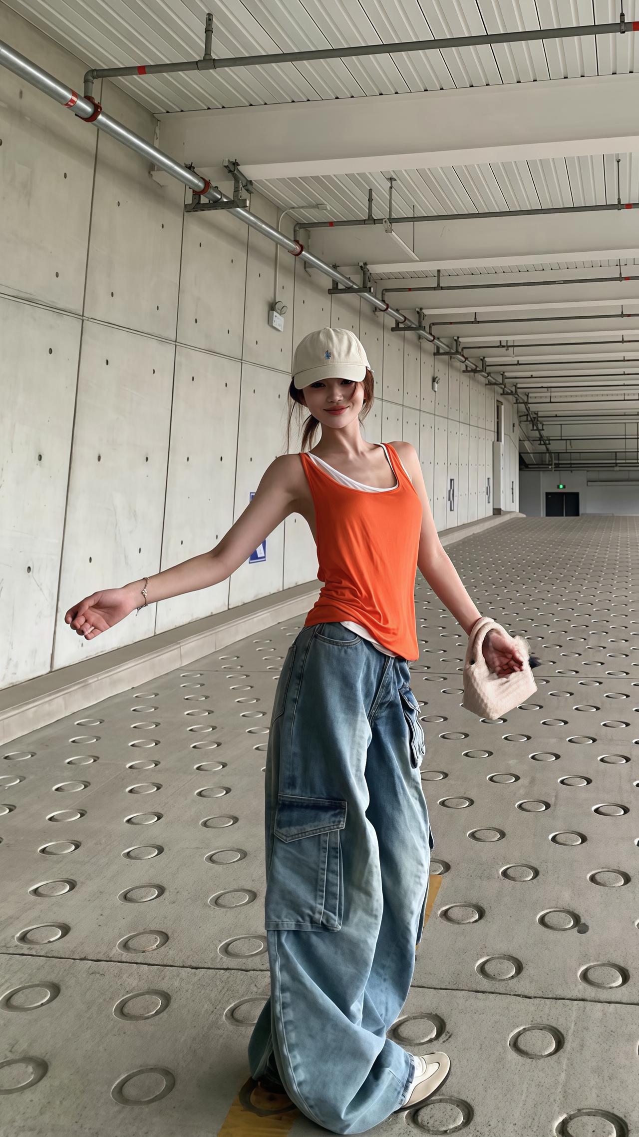 工字背心穿搭 橘色背心穿搭 牛仔裤