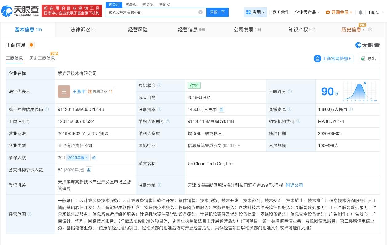 紫光股份旗下公司增资至1.46亿 增幅约6%

天眼查App显示，近日，紫光云技