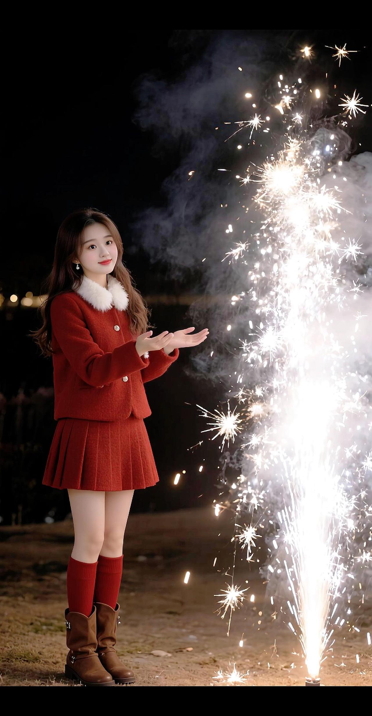 烟花小姐姐 新年氛围感拍照 对着烟花许愿 新年烟花
