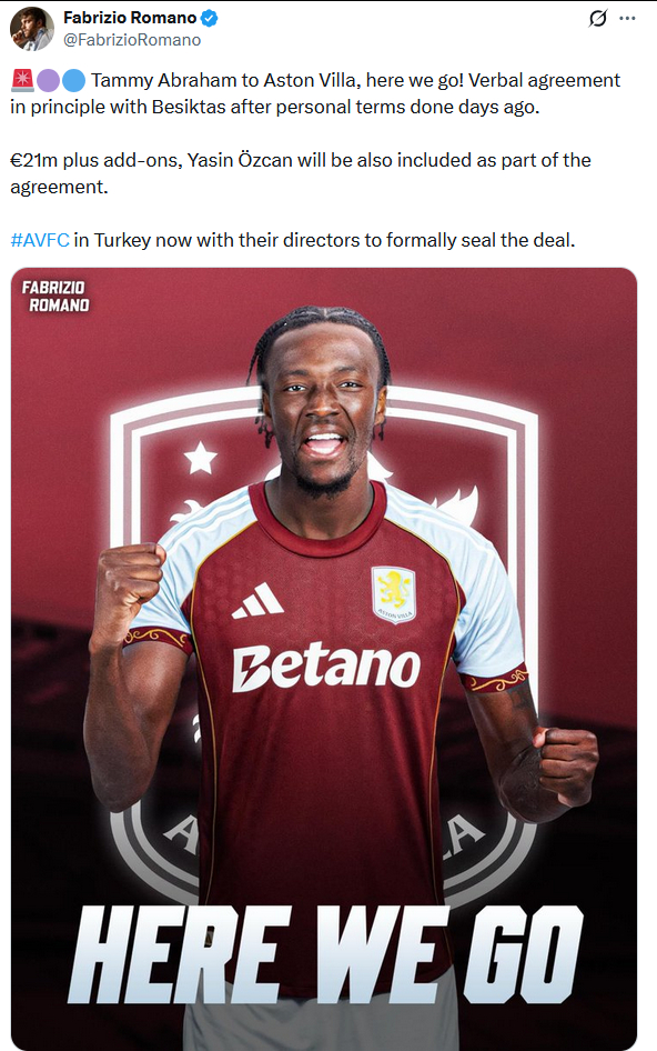 鸭脖去维拉敲定了，2100万欧元+奖金。这样罗马可以确定触发之前出售时包含的20