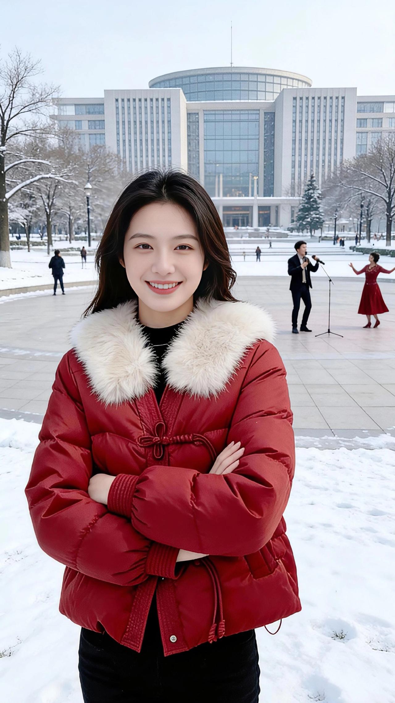 雪落满广场的石砖时，她的红棉服像枚熟透的浆果，嵌在冬日的素白里。
 
蓬松的毛领