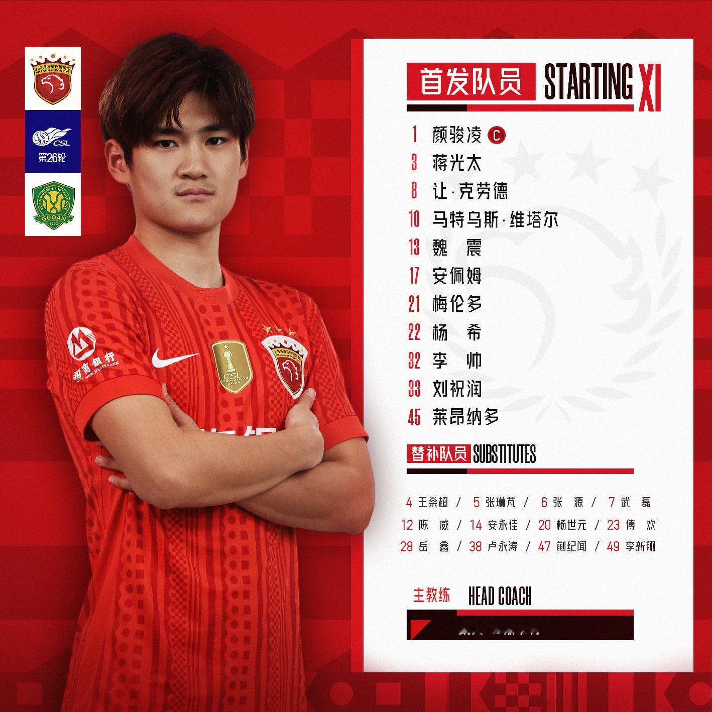 2026怡宝中超联赛 第26轮上海海港vs北京国安 ，今日首发名单。上海海港[超