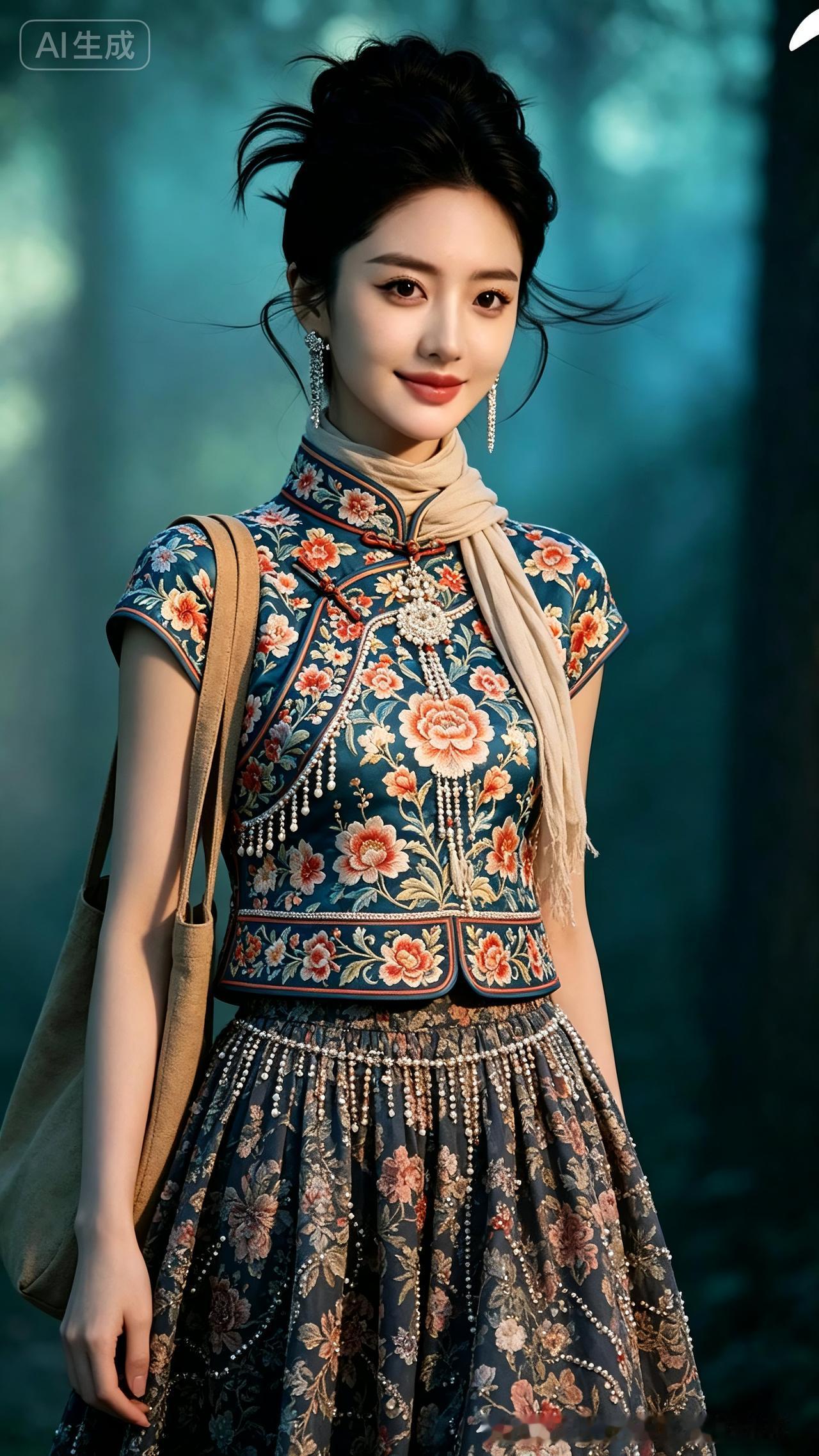 少女身着融合古今的刺绣套装裙，立领短衫缀花卉珠绣流苏，暗花钉珠长裙端庄华贵。少女