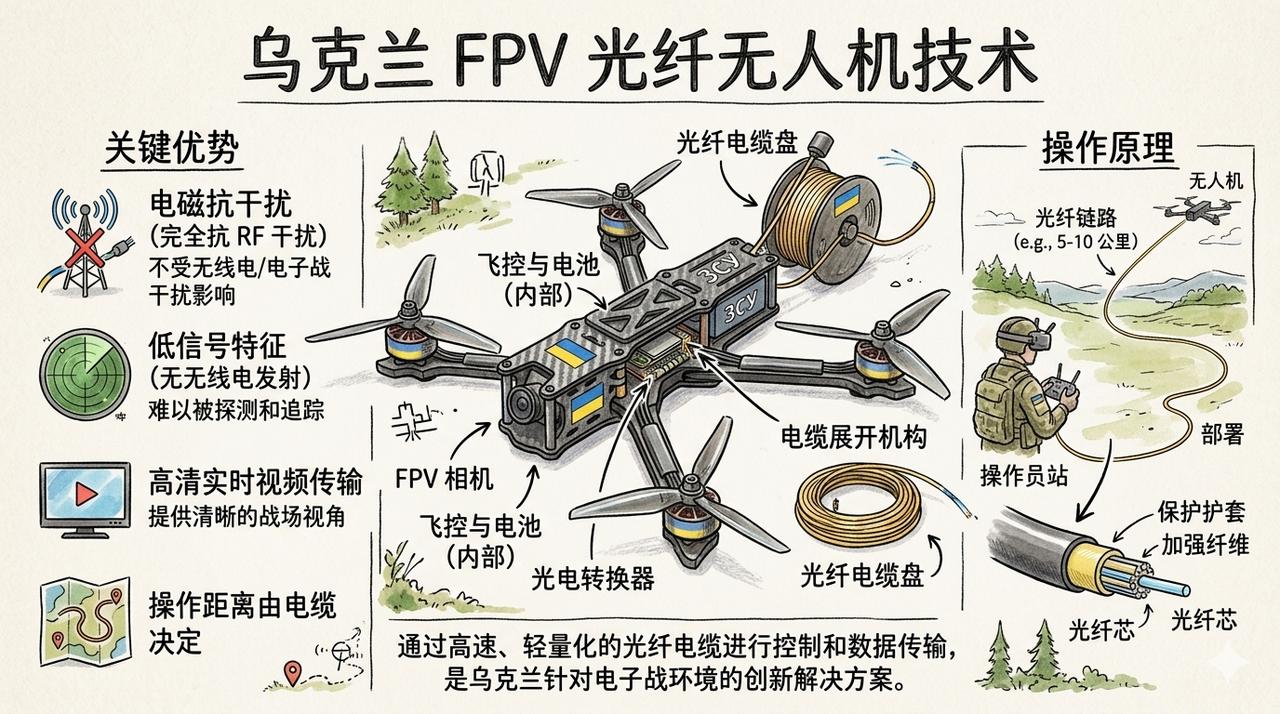 乌克兰的光纤FPV自杀式无人机，是俄乌战场上针对电子战干扰的重大创新武器。它通过