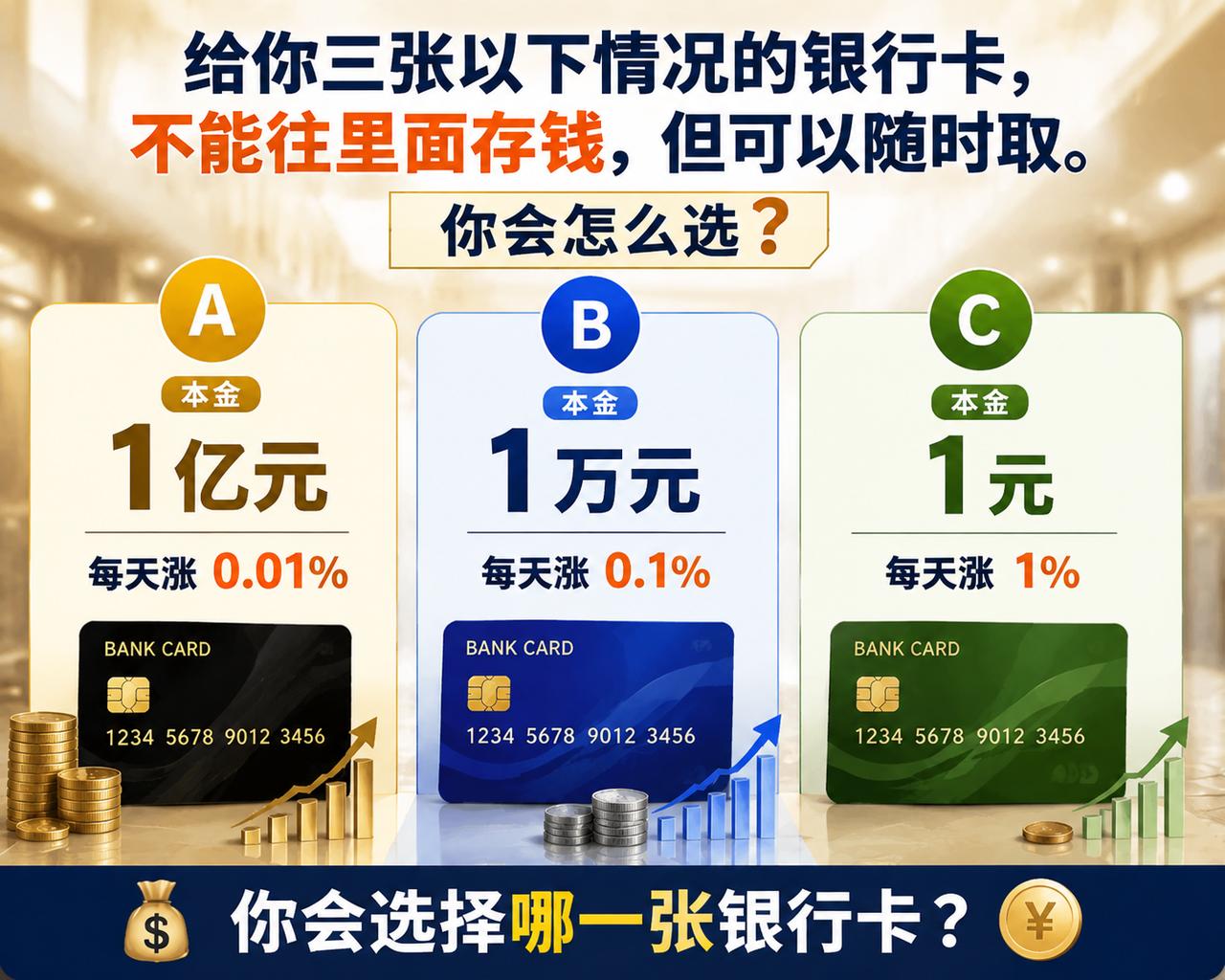 给你三张以下情况的银行卡，不能往里面存钱，但可以随时取。 你会怎么选？
A、1 