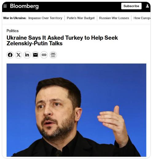 【基辅请求土耳其安排泽连斯基与普京会晤】乌克兰正推动尽快举行会谈，以为外交注入新