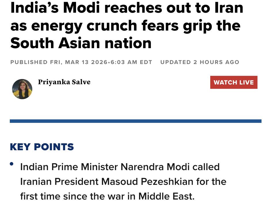 美媒：印度总理莫迪在伊朗新最高领袖誓言封锁霍尔木兹海峡后数小时内致电伊朗总统佩泽