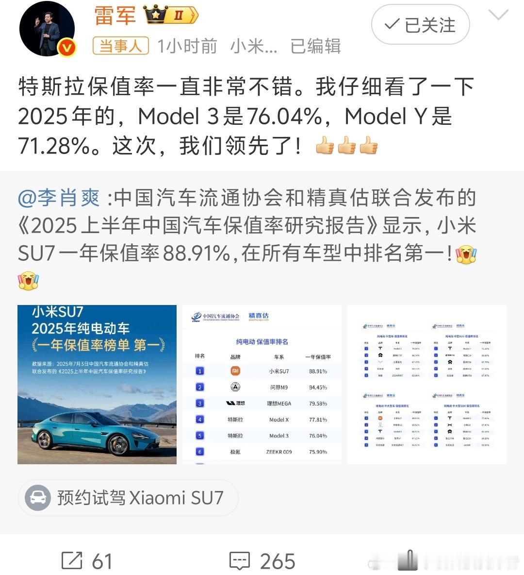 雷军称特斯拉保值率非常不错特斯拉的保值率确实还可以，现在小米SU7的一年保值率榜