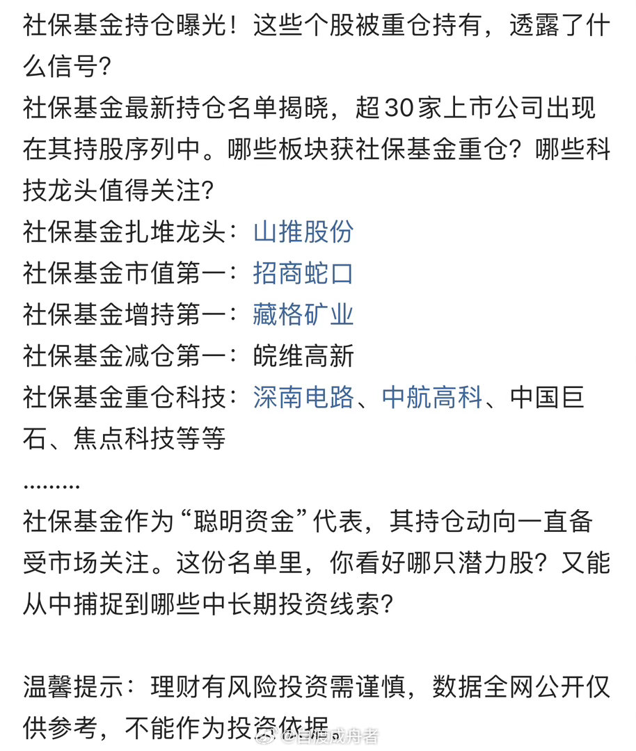 随着A股2025年年报季推进，社保基金最新持仓情况逐渐曝光。社保基金重仓持有部分