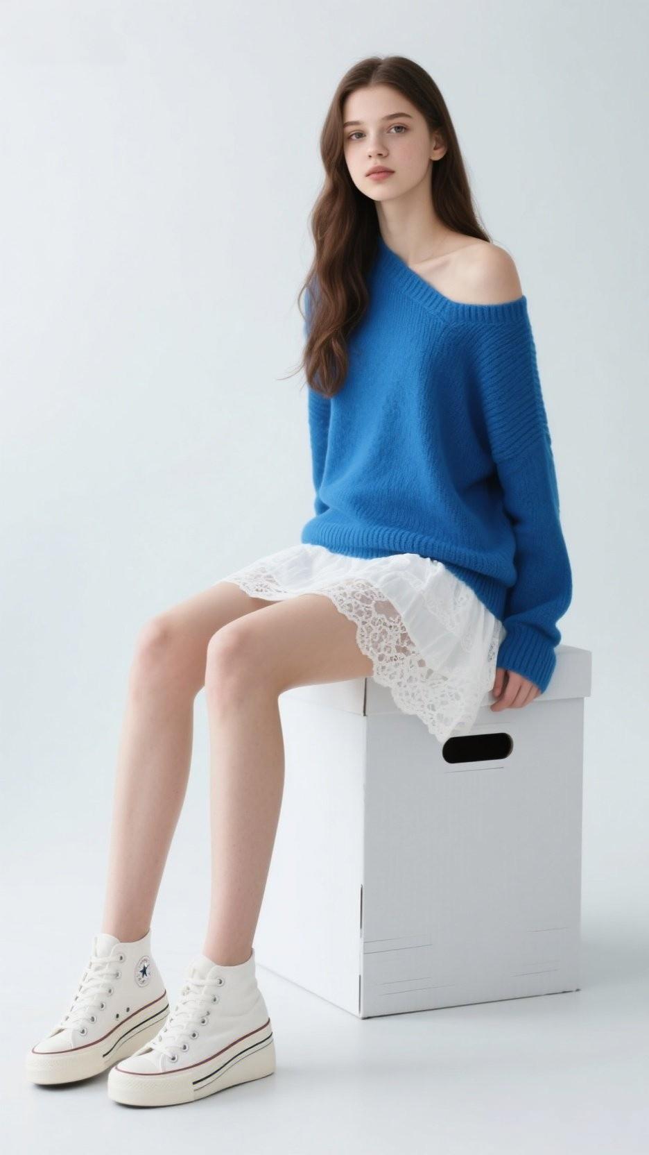 蓝色毛衣搭配白色蕾丝裙，这清新少女风谁能不爱！就像秋日里穿浅蓝毛衣配白色短裙和白