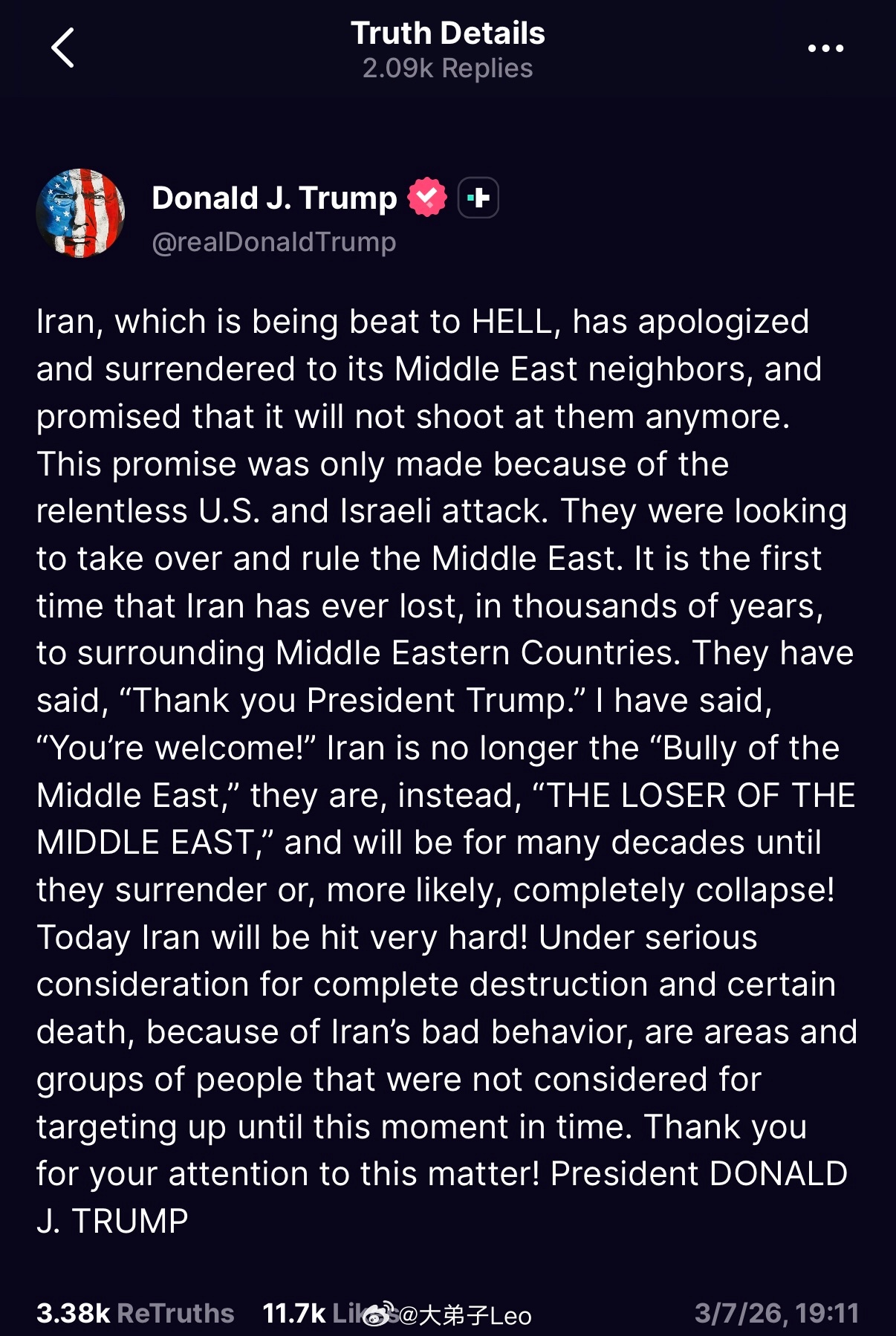 特朗普表示伊朗总统对邻国的道歉全因美国伊朗，这个被打得落花流水的国家，已向其中东