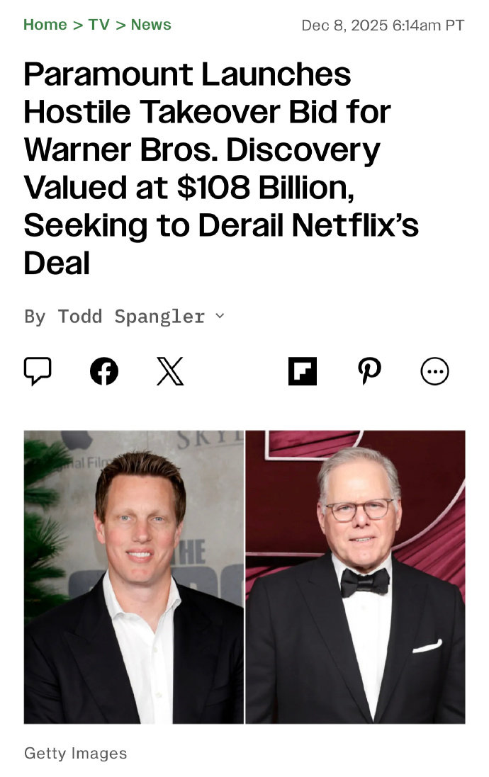 派拉蒙预计斥资1084亿美元收购华纳派拉蒙与网飞争夺华纳 据外媒，在上周网飞官宣