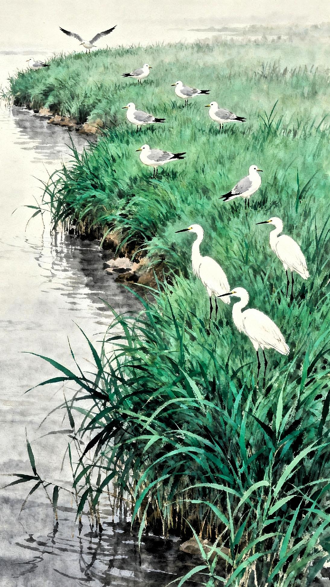 长汀凄草宿鸥鹭