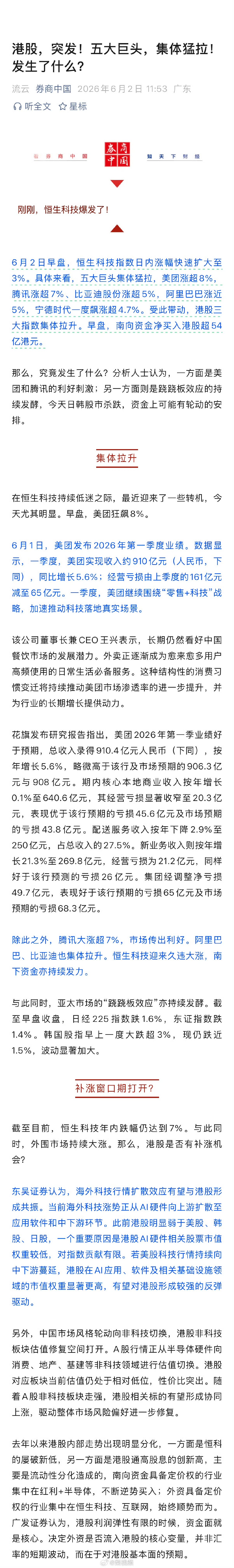 【五大巨头集体猛拉恒生科技爆发原因 】6月2日早盘，恒生科技指数日内涨幅快速扩大