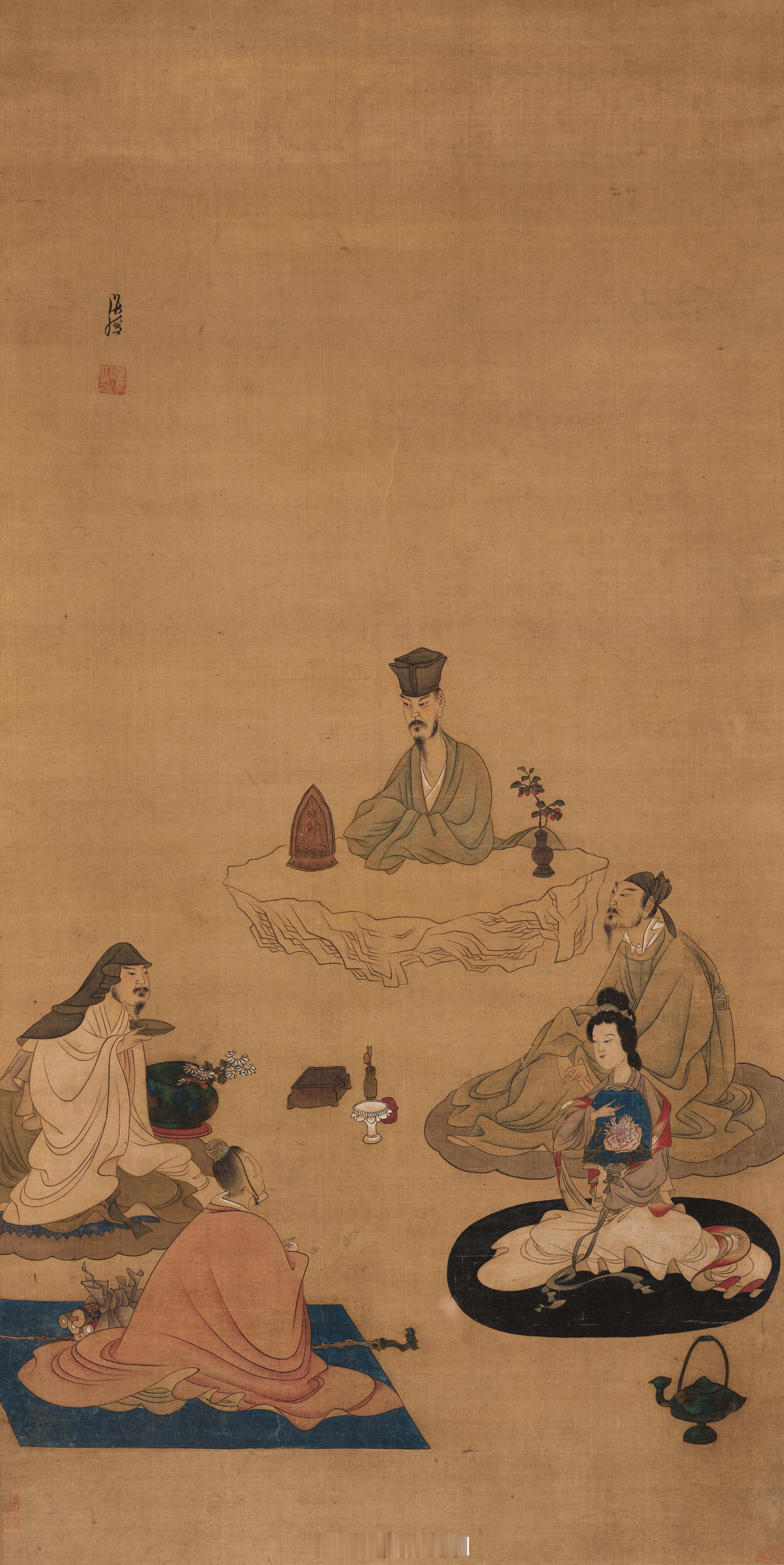 陈洪绶 会茶图 立轴题识：洪绶。钤印：僧悔印鉴藏印：□程□印、丽轩、花押印说明：