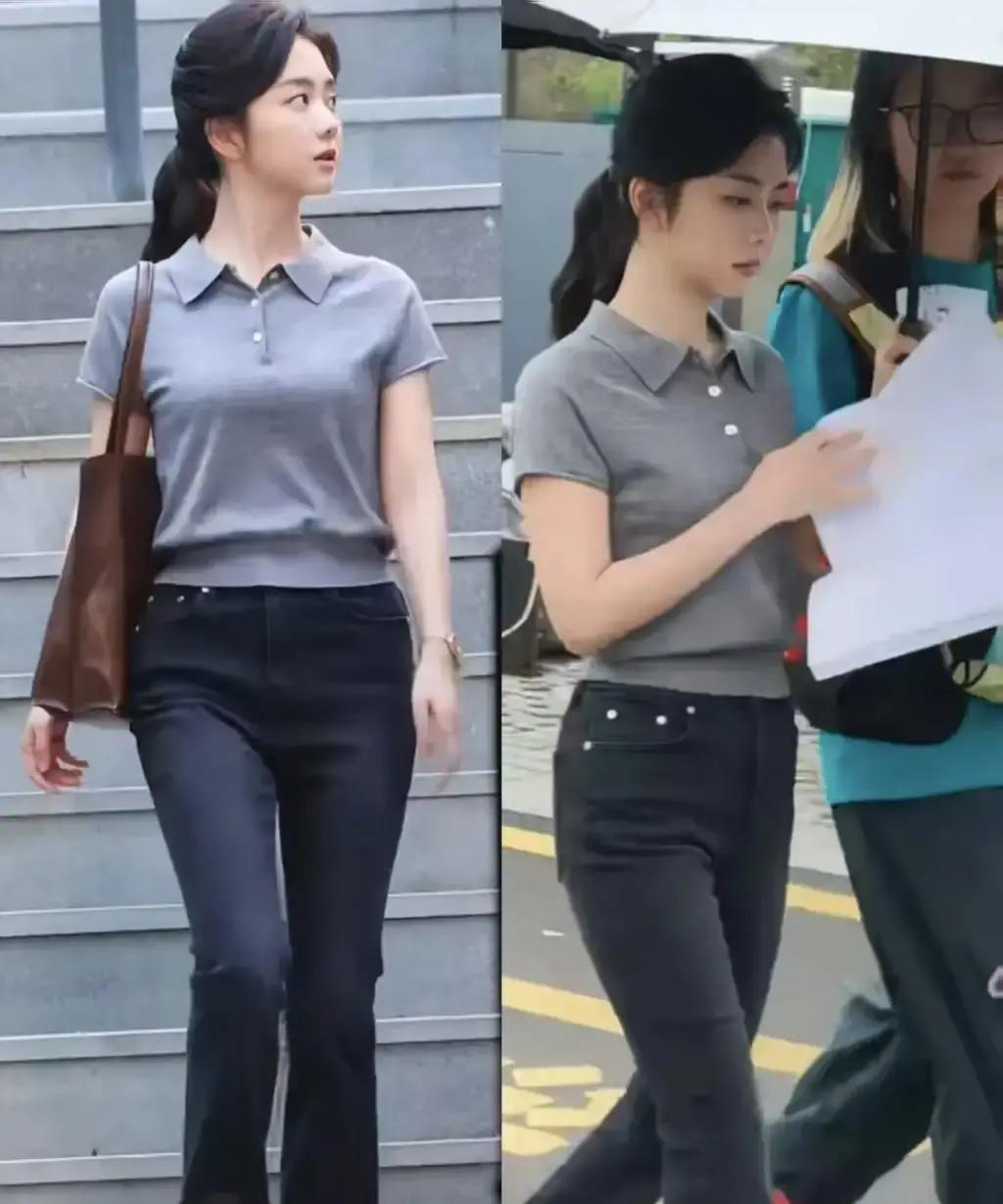 36岁的谭松韵穿着几十块钱的灰色短袖，扎个低马尾，站在福建漳州的路边。不是被偷拍