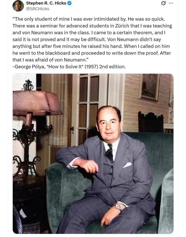 为啥冯·诺伊曼被誉为解题速度惊人的奇才？
因为历史上没有人像他那样。
冯·诺伊曼