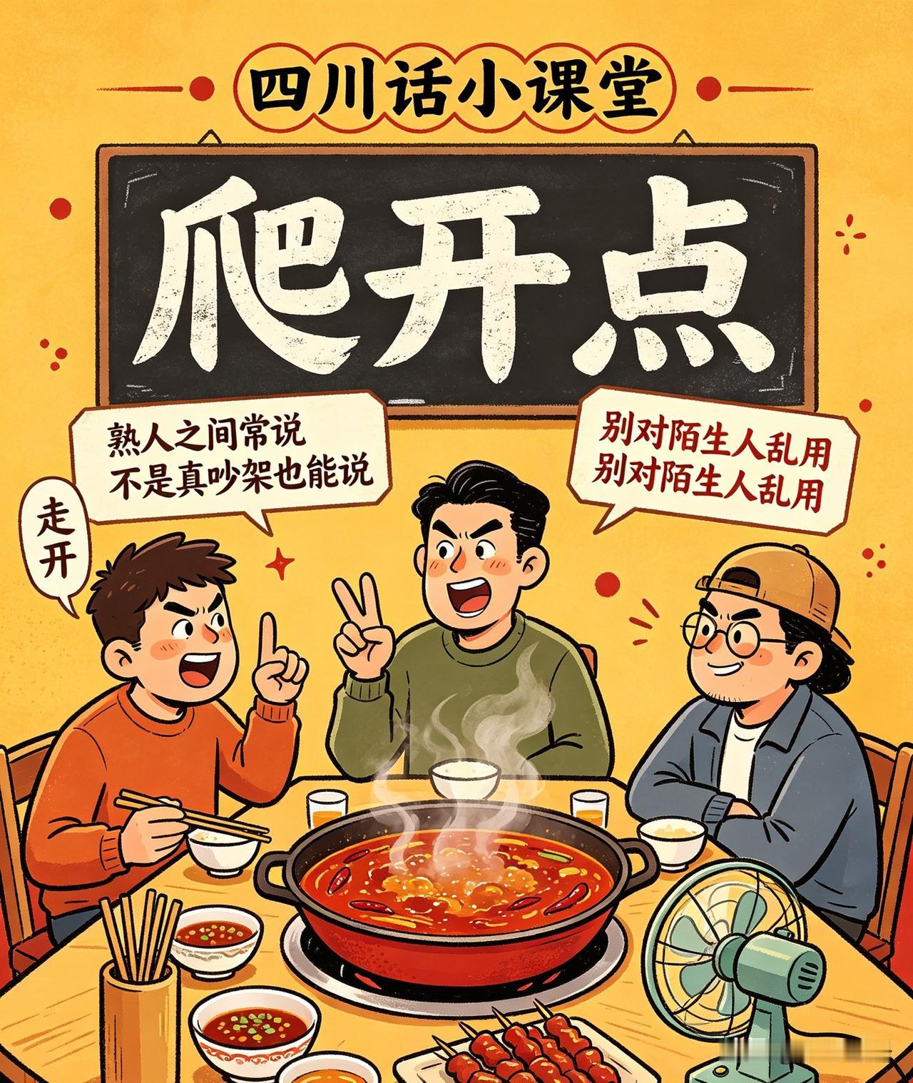 四川话“走开”几种说法（分语气）

1. 普通客气版

• 走开点

• 站开点