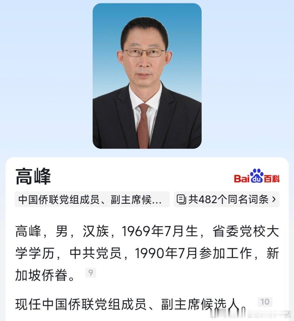 高峰已任中国侨联党组成员、副主席候选人。 ​​​