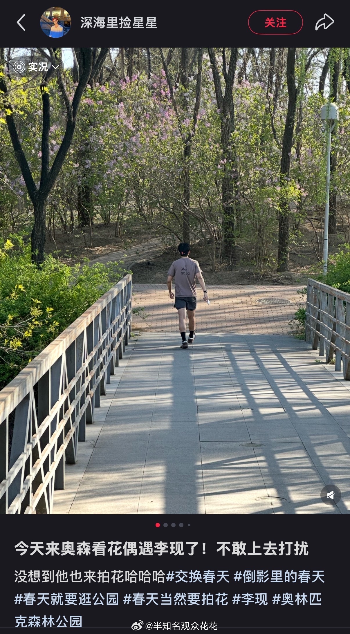 李现又出门踏春拍花了偶遇李现森林公园拍花奥林匹克森林公园偶遇李现