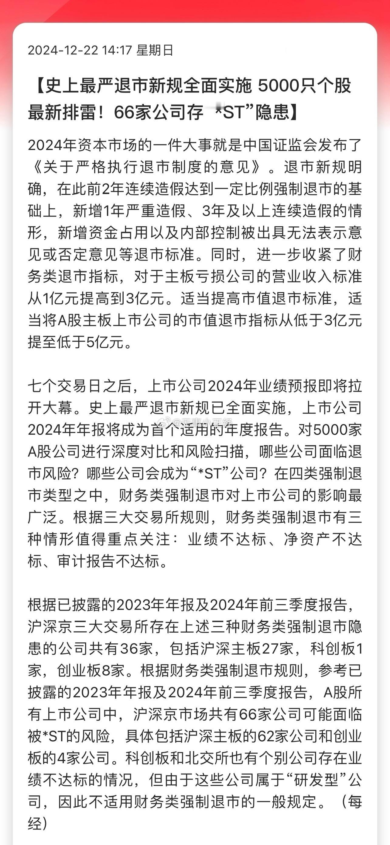 史上最严退市新规全面实施，5000只个股最新排雷！66家公司存“*ST”隐患。建