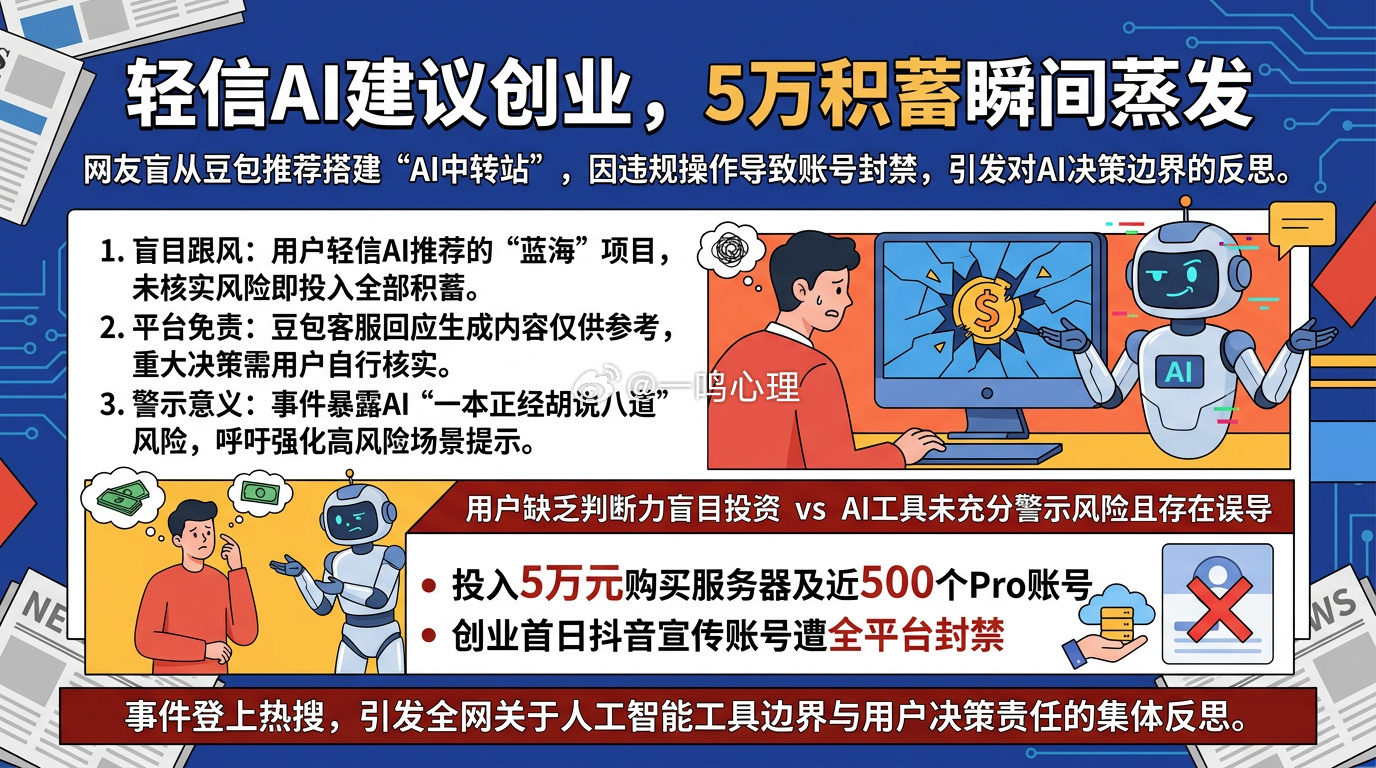 被豆包忽悠花了5万元创业近期一则“被豆包忽悠花5万元创业血本无归”的案例引发热议