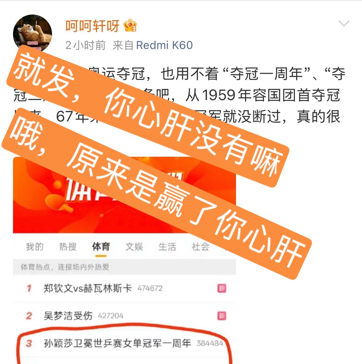 贺某某这么应激，我们莎丝多发好吗？好的！孙颖莎多哈世乒赛4-3王曼昱卫冕女单冠军