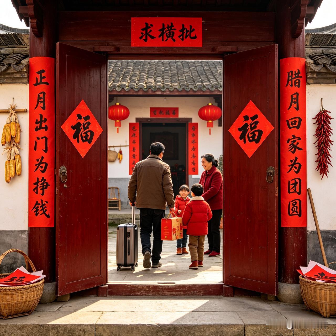 上联：正月出门为挣钱
下联：腊月回家为团圆
 
今日拿出一副烟火十足的生活对联，