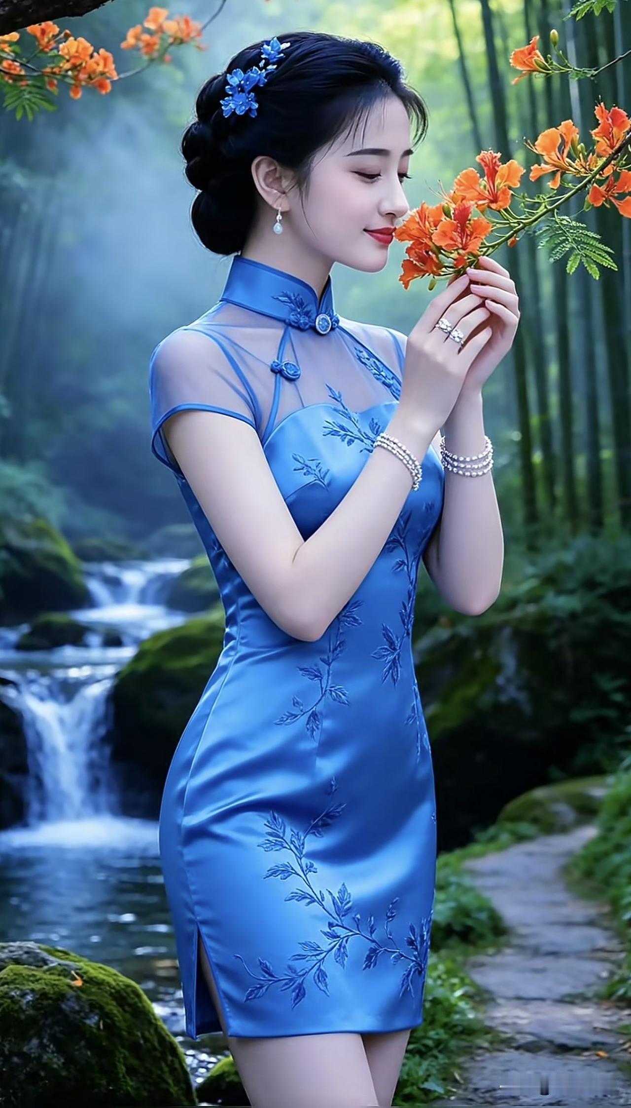 蓝衣少女与花间仙境，唯美古风，尽显东方韵味。古典红裙少女 紫色系古风美女 蓝衬衫